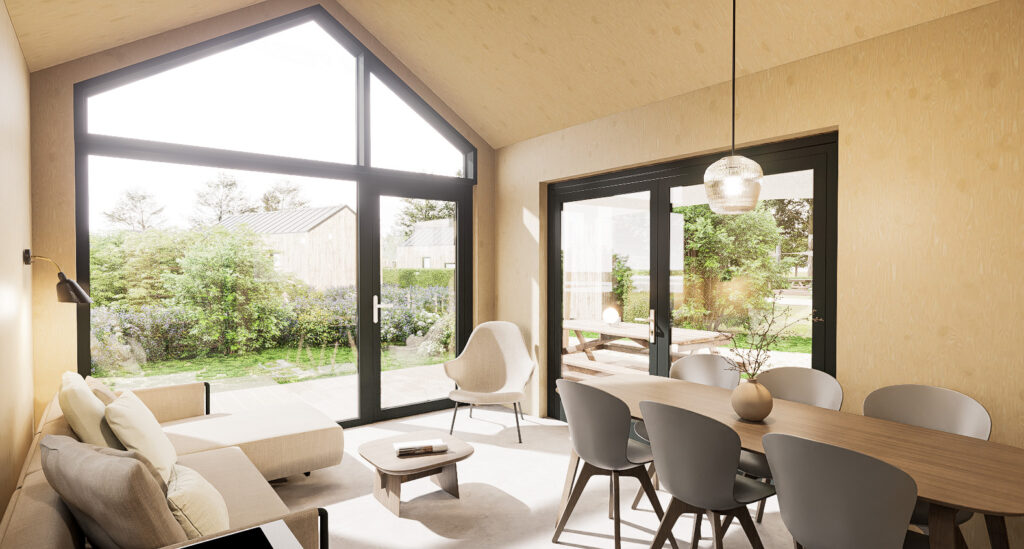 Interieur chalet avec séjour et canapé